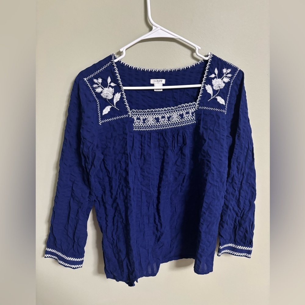J. Crew Top Size XS Cottage Boho Square Neck Embroidered Blue Floral Peasant